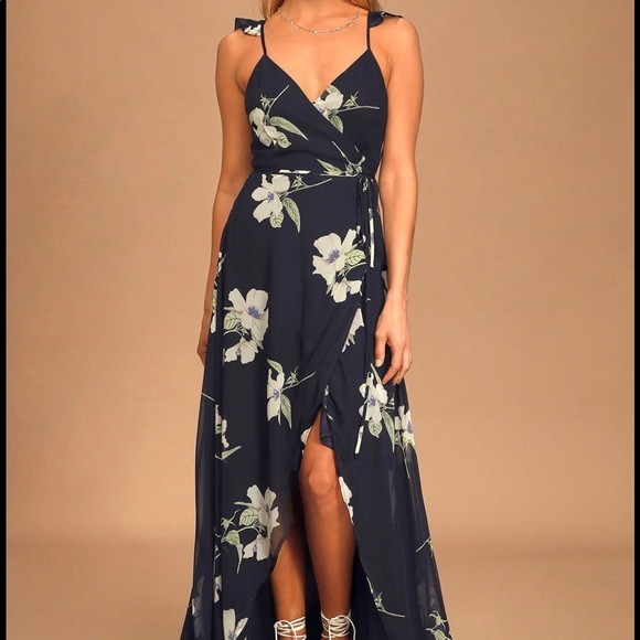 Lulus All Mine Navy Blue Floral Print High-Low Wrap Dress Size L Never Worn - Picture 1 of 9